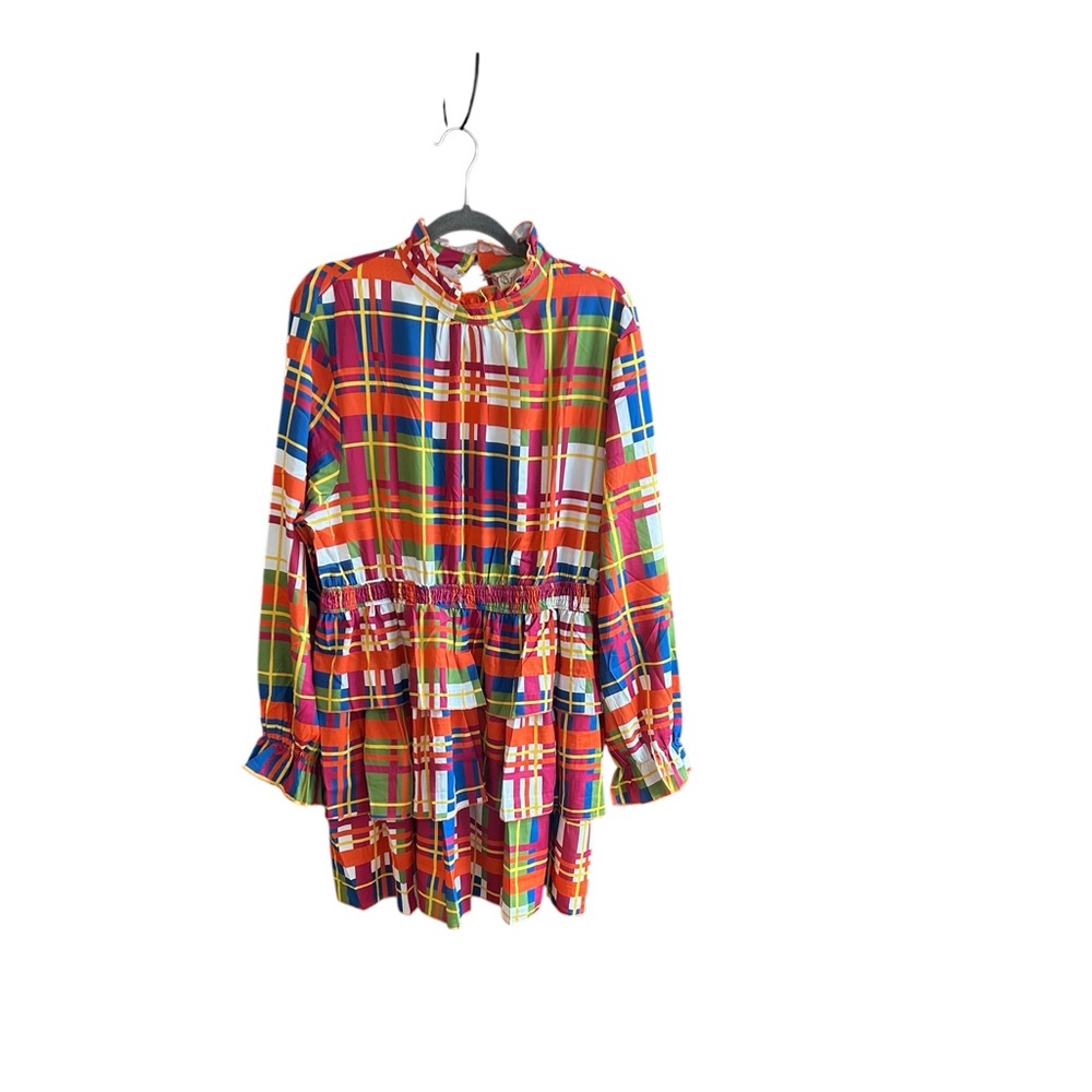 NWT Grace & Emma multicolor plaid high neck tiered dress long sleeves XL